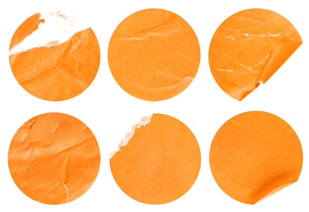 six round orange stickers collection of six round orange stickers on a white isolated background sticker stock pictures, royalty-free photos & images