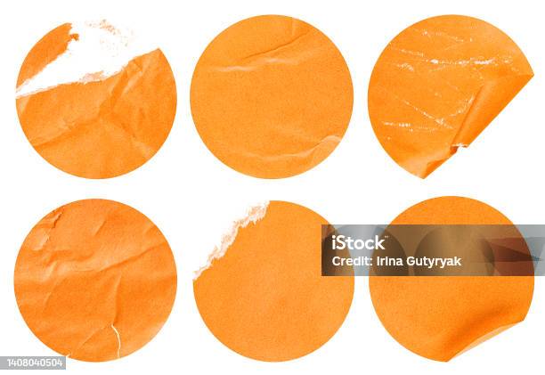 Six Round Orange Stickers Stock Photo - Download Image Now - Sticker, Cut Or Torn Paper, Paper
