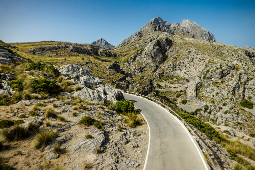 winding road at tramuntana, highest mountain range on mallorca island, baleares, spain.
