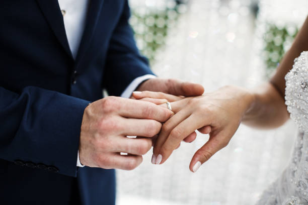 istock The groom wears a ring to the bride 1408043047