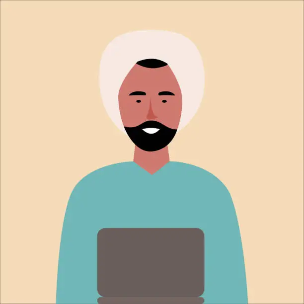 Vector illustration of Modern portrait of a muslim man computer training for lifestyle design. Cartoon flat vector.