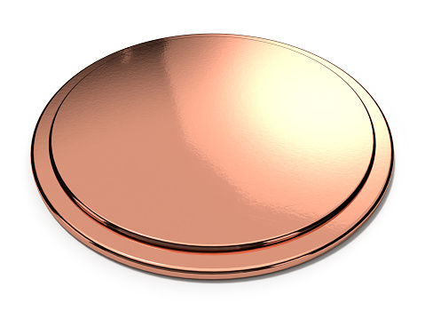 A round copper plate on which to put pizza. 3D rendered circular metal tray.
