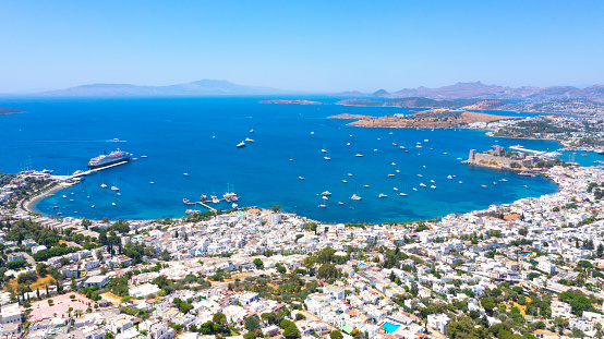 Aerial view of Bodrum. Bodrum is a city on the Bodrum Peninsula, stretching from Turkey's southwest coast into the Aegean Sea.