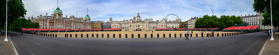 LONDON - May 18, 2022: Pano of Horse Guards Parade with seating for Platinum Jubilee Trooping of The Colour