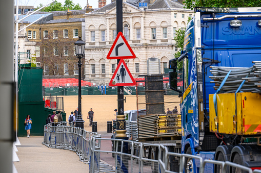 LONDON - May 18, 2022: Preparations for the Platinum Jubilee Trooping the Colour celebrations at Horse Guards Parade