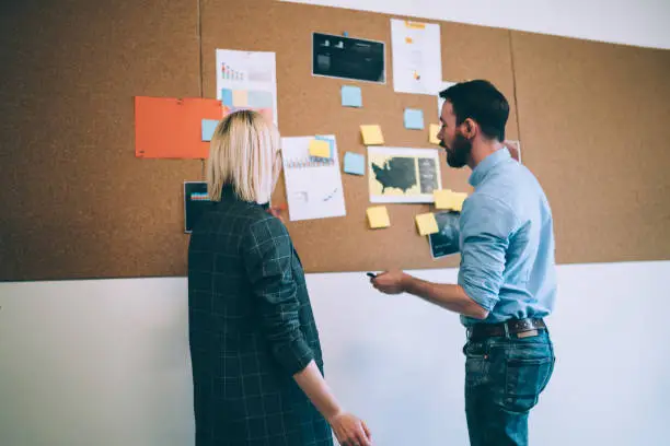 Back view of coworkers in casual clothes planning new project and sharing with thoughts while standing opposite pin board and use post it notes