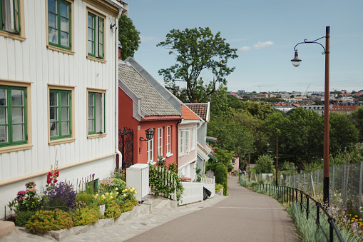 The idyllic street named Telthusbakken in Oslo, Norway. The name of the road comes from a tent house (a military mobilization depot) which was located by Gamle Aker church in the 18th century.