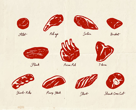 Beef cuts guide for butcher shop, hand drawn meat icons, menu template for barbecue restaurant, vintage style illustration
