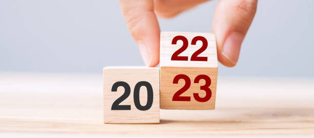 istock hand flip cube block 2022 to 2023 text on table. Resolution, review, strategy, end year, goal, business and New Year holiday concepts 1408050654