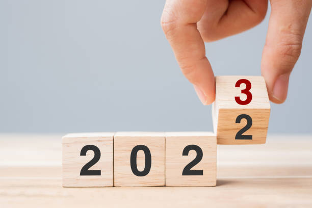 istock hand flip cube block 2022 to 2023 text on table. Resolution, review, strategy, end year, goal, business and New Year holiday concepts 1408050659