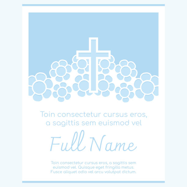 ilustraciones, imágenes clip art, dibujos animados e iconos de stock de plantilla de tarjeta de bautismo con cruz azul y flores blancas - pastel de primera comunión