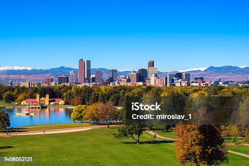 istock Skyline of Denver downtown with Rocky Mountains 1408052121