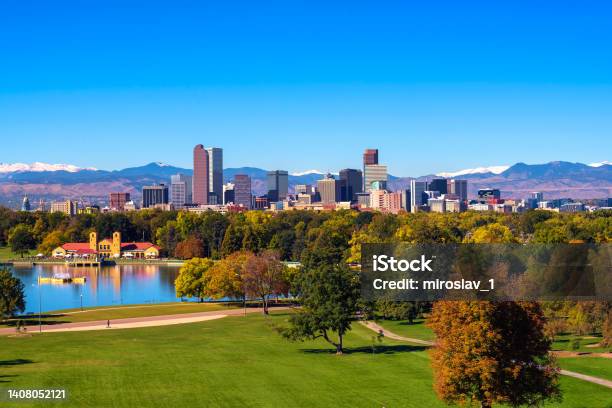 Skyline Of Denver Downtown With Rocky Mountains Stock Photo - Download Image Now - Denver, Colorado, Urban Skyline