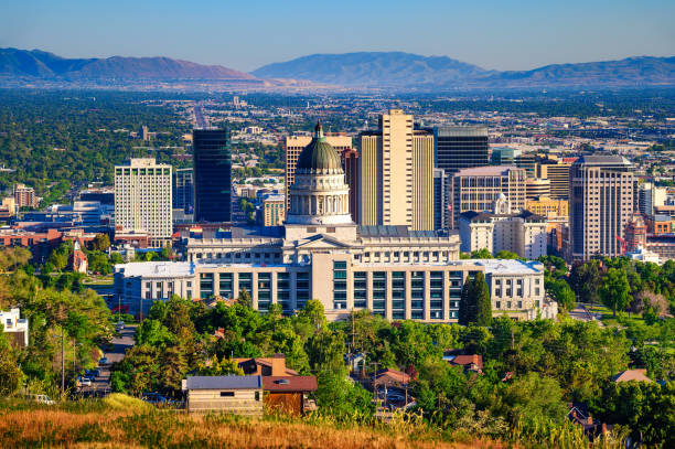 Salt Lake City skyline with Utah State Capitol stock photo