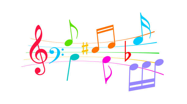красочные музыкальные ноты векторный мультфильм, абстрактная иконка мелодии - music sheet music treble clef musical staff stock illustrations