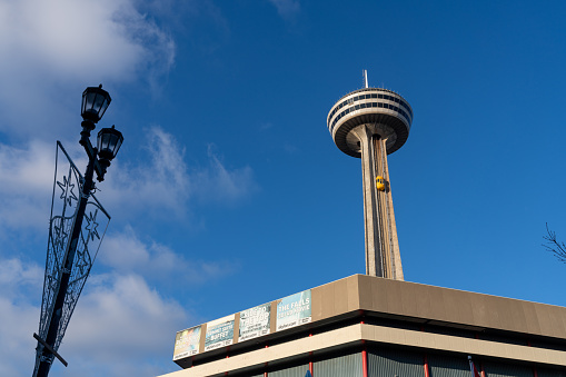 Niagara Falls, Ontario, Canada - December 19 2021 : Skylon Tower observation tower.