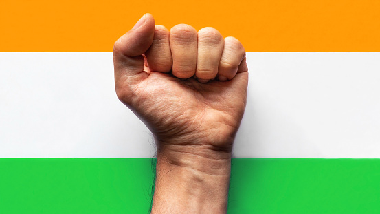 fist on the background of the flag of india the concept of independence of india