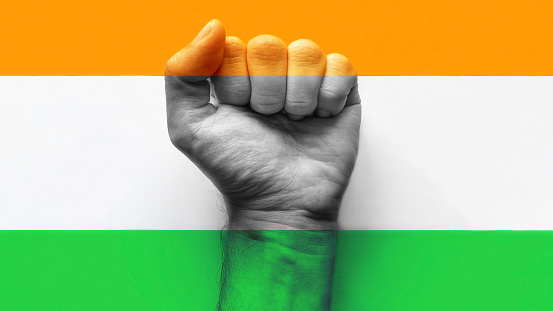 fist in the colors of the flag of india the concept of independence of india
