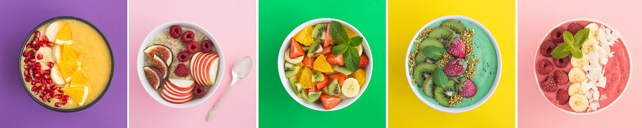 Collage of breakfast, lunch and snack on the colored background. Top view of smoothie, fruit salad and oatmeal in a bowl.