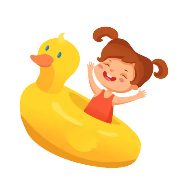 Vector illustration of Kid swimming vector illustration. Summer vacation. Child playing, childhood entertainment, leisure. Little girl with duck swimming ring. Water activities isolated on white background