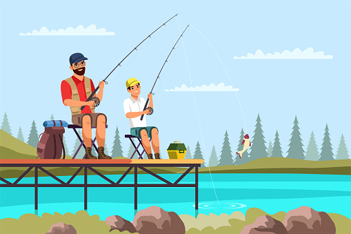 istock Father and son sitting on pier and fishing with rods. Family travelling, active vacation, hiking, happy fatherhood and childhood, spend time together, hobby concept. Vector character illustration 1408056775