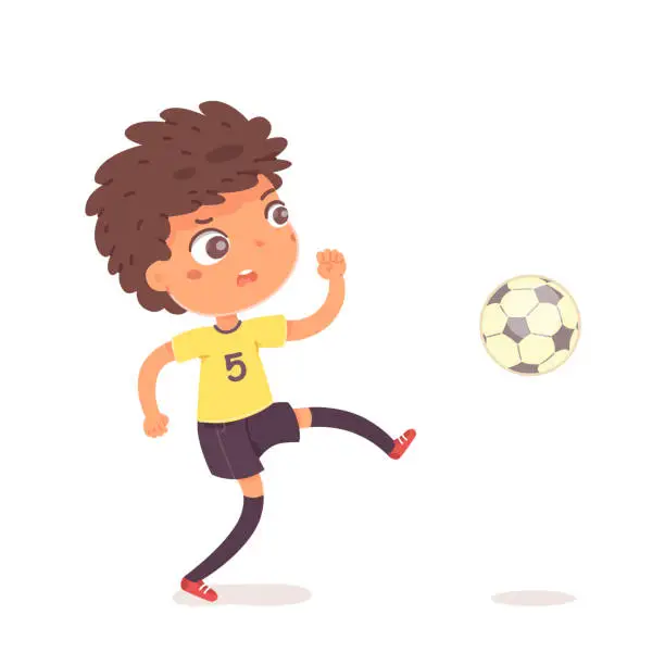 Vector illustration of Cute boy soccer player playing, isolated cheerful kid in sport uniform kicking ball