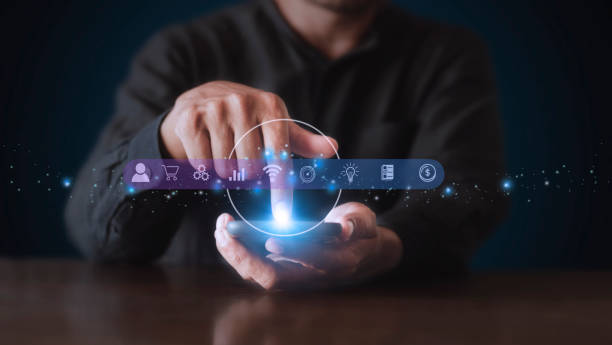istock Businessman using phone and touching on virtual screen contact icons. Contact us, Customer support hotline people connect. Man hands touch smartphone virtual screen connect to social network 1408058061