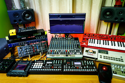 Home recording studio. Room with music equipment