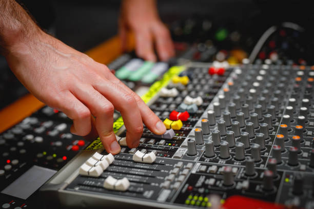 istock The surface with sliders of a sound mixer controller 1408058702
