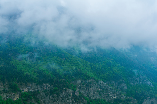 gloomy mountain landscape, wooded slopes covered with rain clouds
