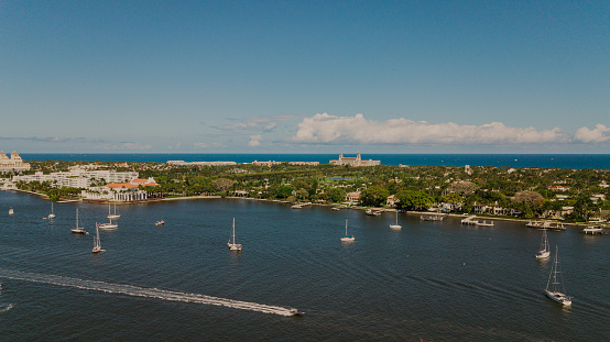 Aerial Drone View of Downtown West Palm Beach, Florida Inlet Waterfront at Midday During the Spring of 2022