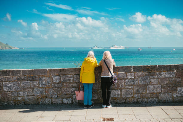 vue arrière de deux femmes âgées regardant la mer et le port - plymouth photos et images de collection