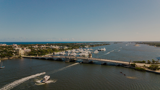 Aerial Drone View of Downtown West Palm Beach, Florida Inlet Waterfront at Midday During the Spring of 2022