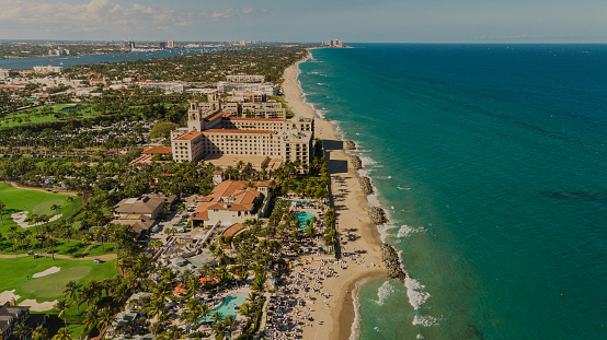 Aerial Drone View of Beach-Front Real Estate in Palm Beach, Florida During at Midday the Spring of 2022.