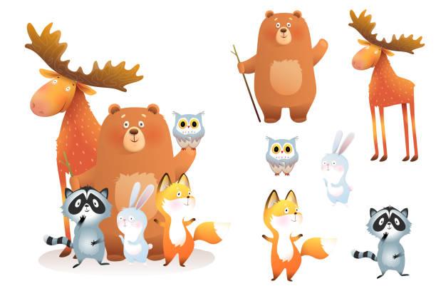 funny forest animals clipart dla dzieci - illustration and painting cute cartoon watercolor painting stock illustrations