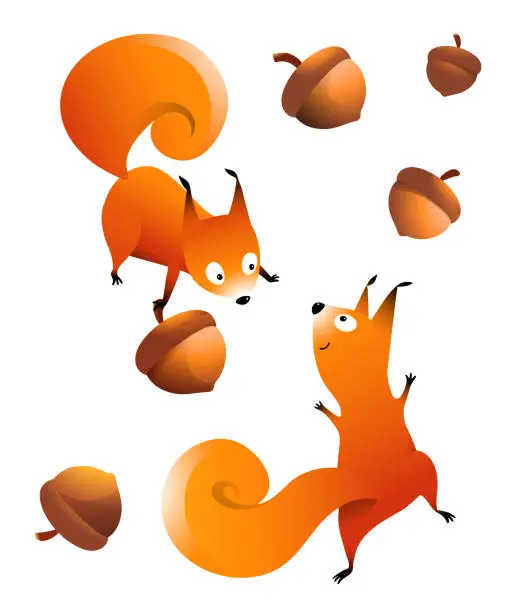 Vector illustration of Cute Squirrels and a Nuts Kids Clipart Cartoon