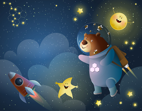 istock Teddy Bear Astronaut Flying in Cosmos Space Flyer 1408060619