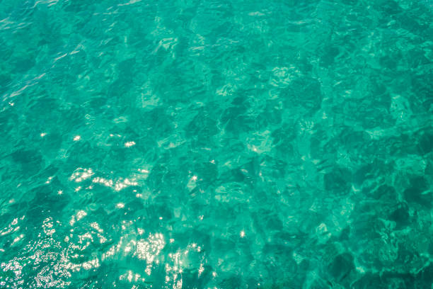 Texture of aquamarine green sea water with shiny sparkles