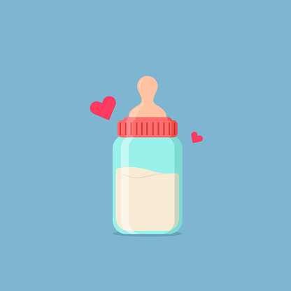Baby milk bottle. Nutrition in the plastic container for a newborn. Isolated vector illustration in cartoon style with love icon