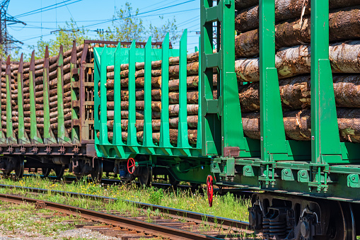 loaded railway wagons for carrying of logs close-up