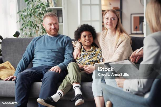 Adoptive Family Meeting With Social Worker Stock Photo - Download Image Now - Foster Care, Social Worker, Adoption