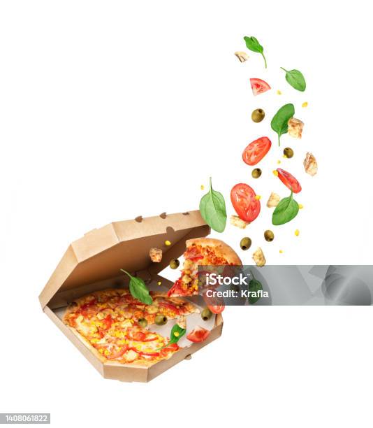 Freshly Baked Pizza With Chicken Meat And Ingredients In The Air Stock Photo - Download Image Now