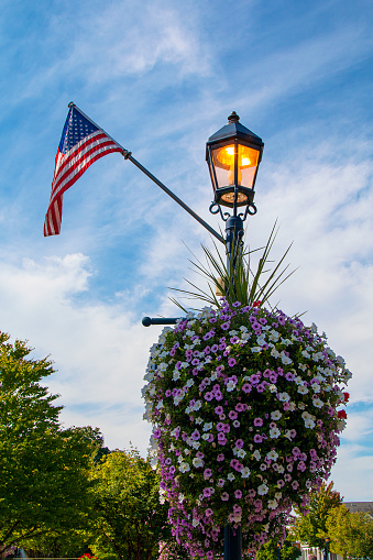 Flag  on Lamp Post With Hanging Flower Basket