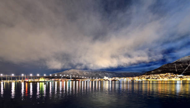 Night lights glittering in the ocean view coastal area in the port city of Wellington, New Zealand.