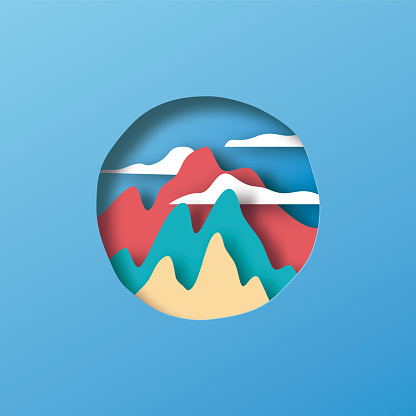 Paper cut circle with layered 3d mountain landscape inside. Colorful hills and sky environment for nature adventure or travel concept.