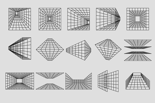 Wireframe geometric shapes in different phormes. Abstract 3d grid design. Universal trendy geometric shapes. Perspective grid