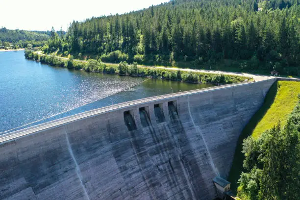 Hydroelectric Plant. Aerial view from the dam at Lake Schluchsee. Is ist a reservoir in the municipality of Schluchsee near St. Blasien in the district of Breisgau, Black forest, Baden-Wuerttemberg, Germany.