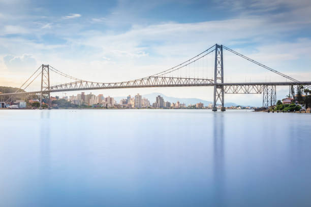 Long exposure Hercilio Luz bridge at sunrise, Florianopolis, Brazil