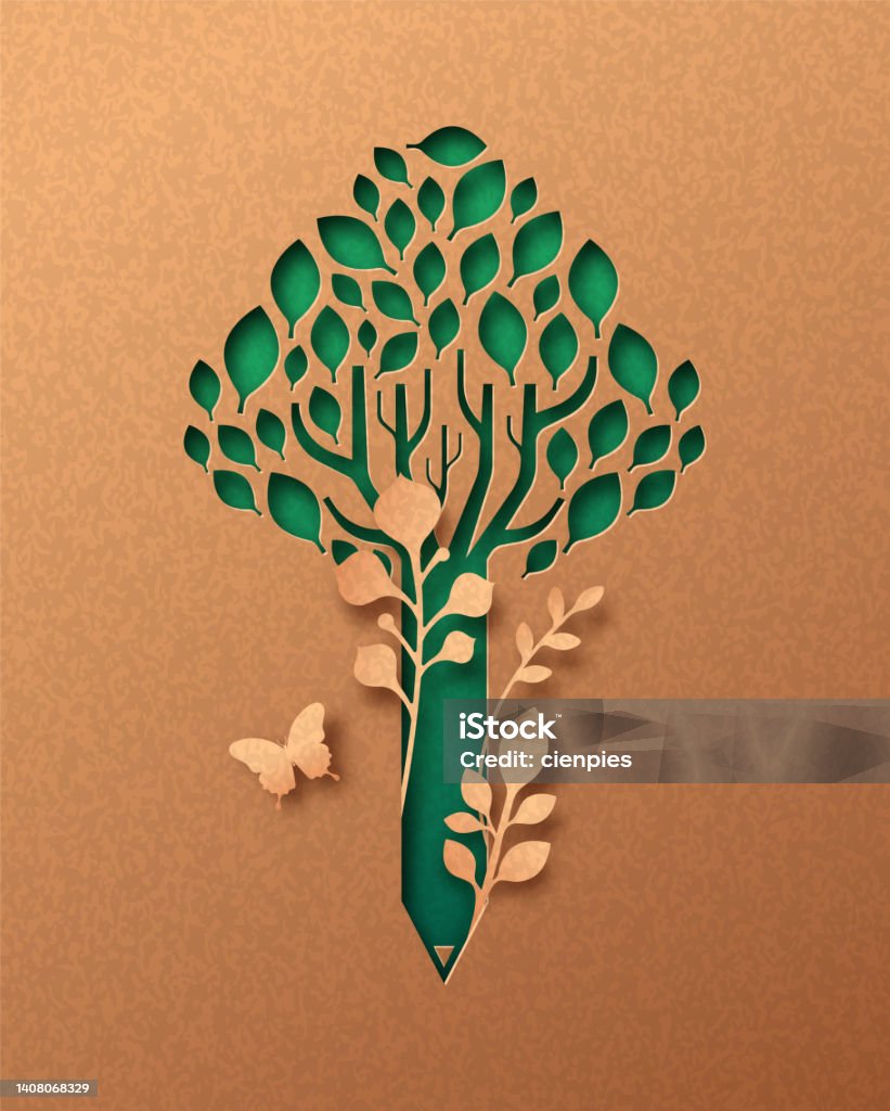Concept d’éducation découpé en papier d’arbre à crayon vert - clipart vectoriel de Arbre libre de droits Concept d’éducation découpé en papier d’arbre à crayon vert - clipart vectoriel de Arbre libre de droits