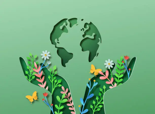 Vector illustration of Green hand nature plant leaf and planet earth papercut